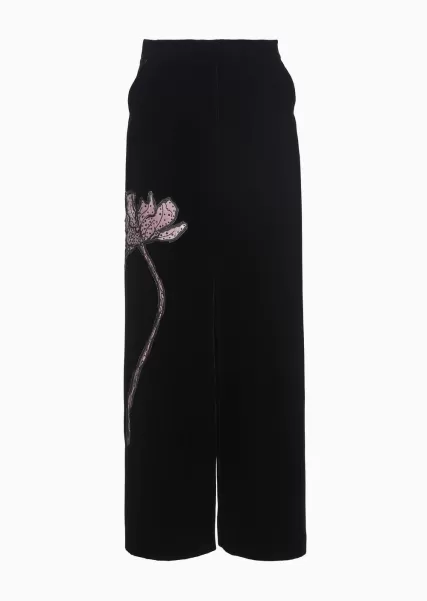 Femme Pantalon Large En Velours Avec Broderie Florale Haut De Gamme Black Jupes Et Pantalons
