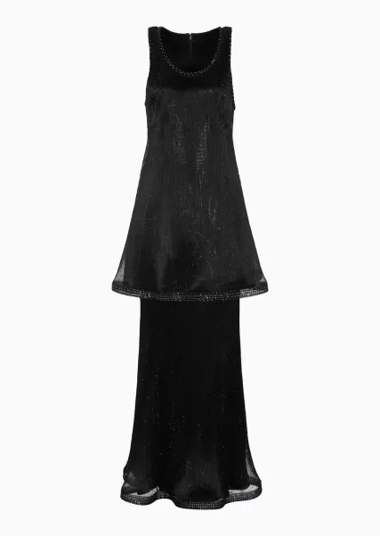 Femme Black Robe Longue En Tulle Plissé Avec Broderie De Cristaux Et Volant Robes Abordable