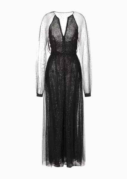 Qualité Exceptionnelle Black Femme Robe Longue En Soie Et Tulle Avec Strass All Over Robes
