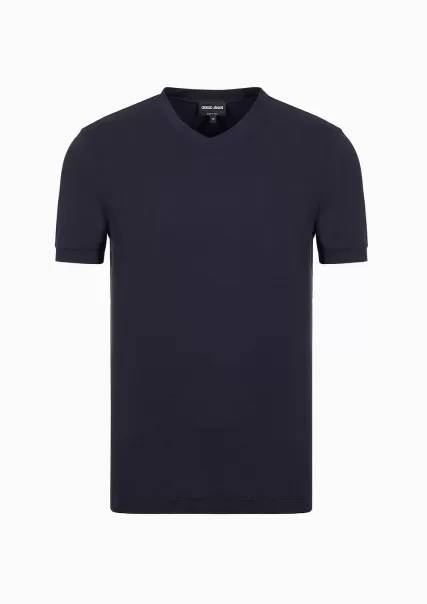 2024 Navy Blue T-Shirt À Col En V En Jersey De Viscose Stretch Icon Homme T-Shirts