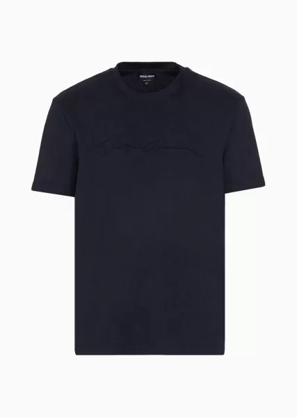 Découvrir Navy Blue T-Shirt En Interlock De Pur Coton Avec Broderie Logo Homme T-Shirts