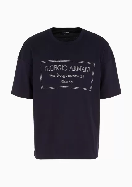 Navy Blue Qualité Homme T-Shirts T-Shirt En Coton Surdimensionné Avec Logo Armani Sustainability Values Brodé